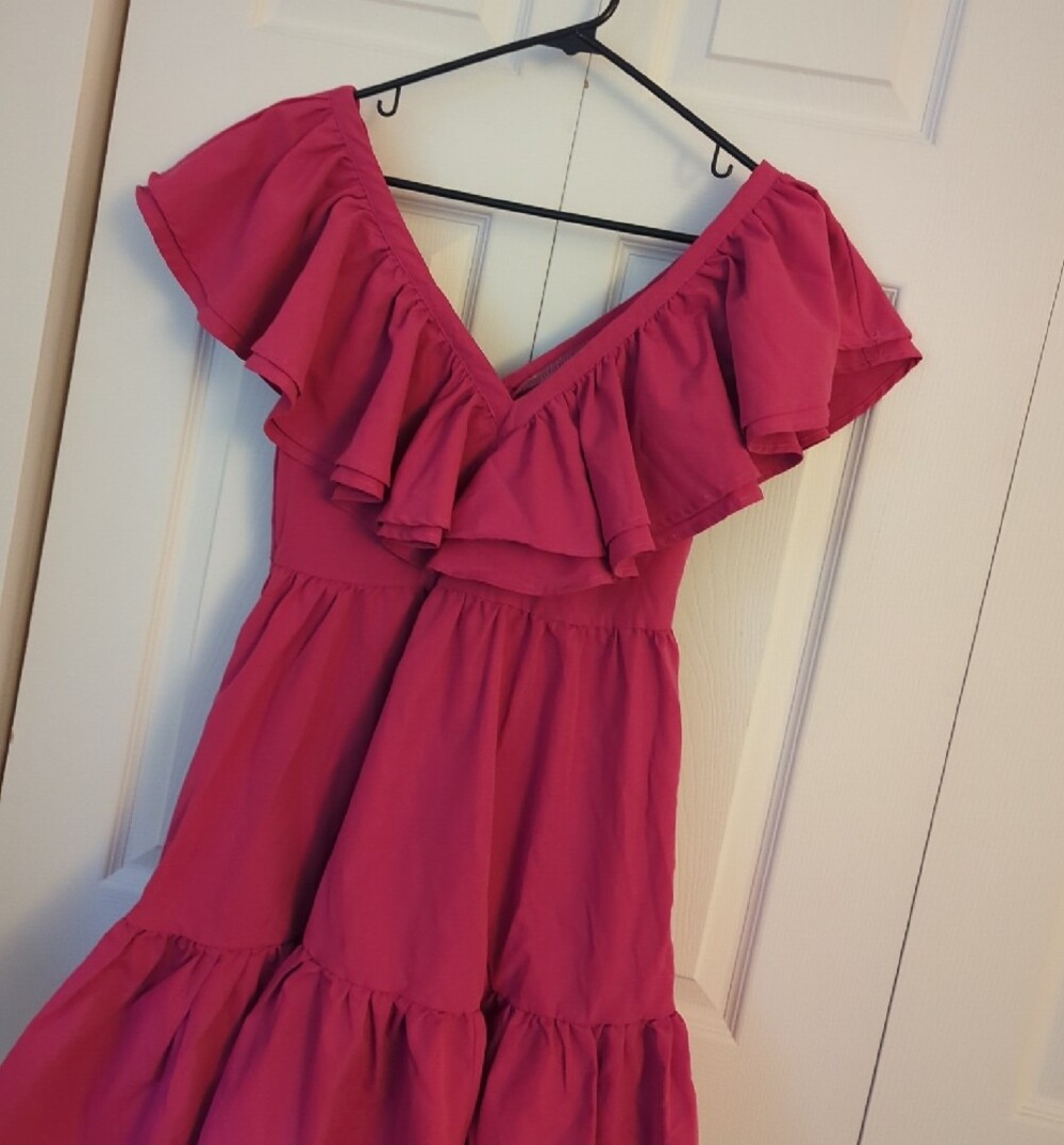 Pink Ruffle V-Neck Dress - Picture 2 of 7